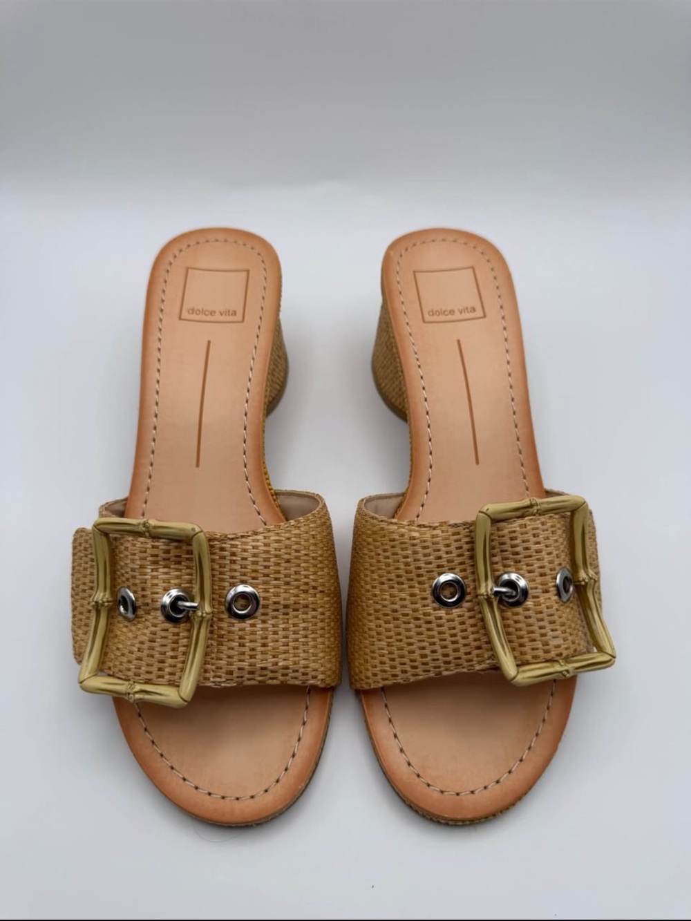 Dolce Vita Tan Woven Slide Sandals with Gold Buckle